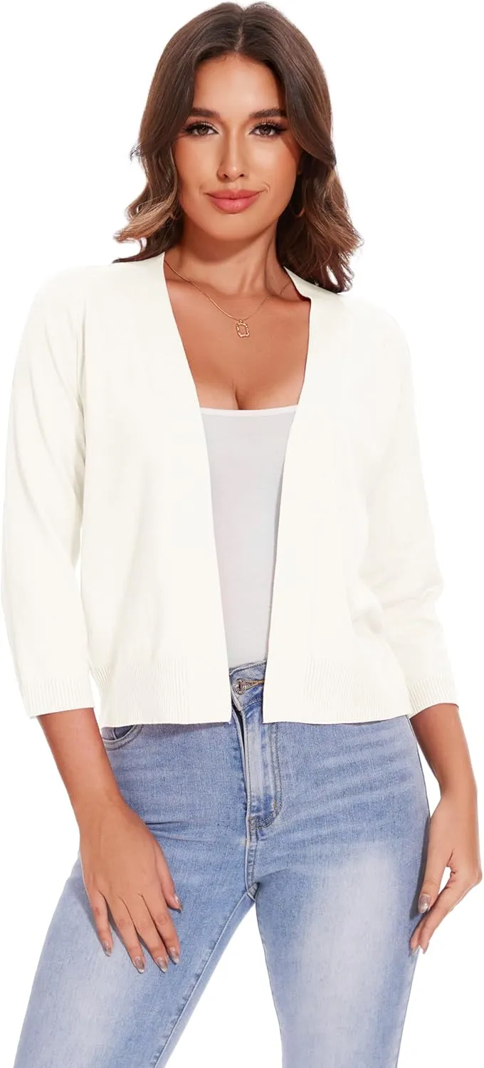 Women's 3/4 Sleeve Open Front Cropped Cardigan Solid Shrugs Lightweight Knit Sweater