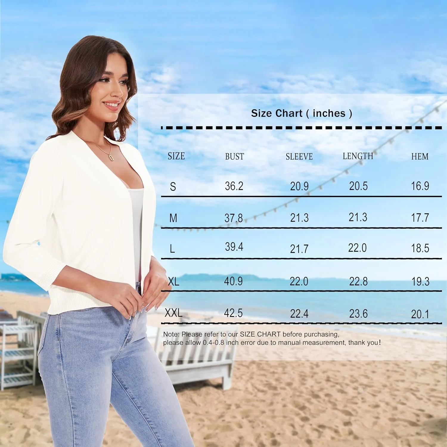 Women's 3/4 Sleeve Open Front Cropped Cardigan Solid Shrugs Lightweight Knit Sweater