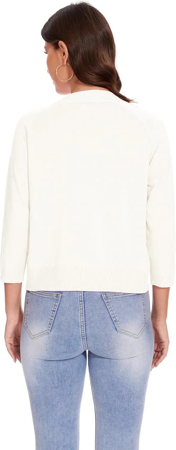 Women's 3/4 Sleeve Open Front Cropped Cardigan Solid Shrugs Lightweight Knit Sweater