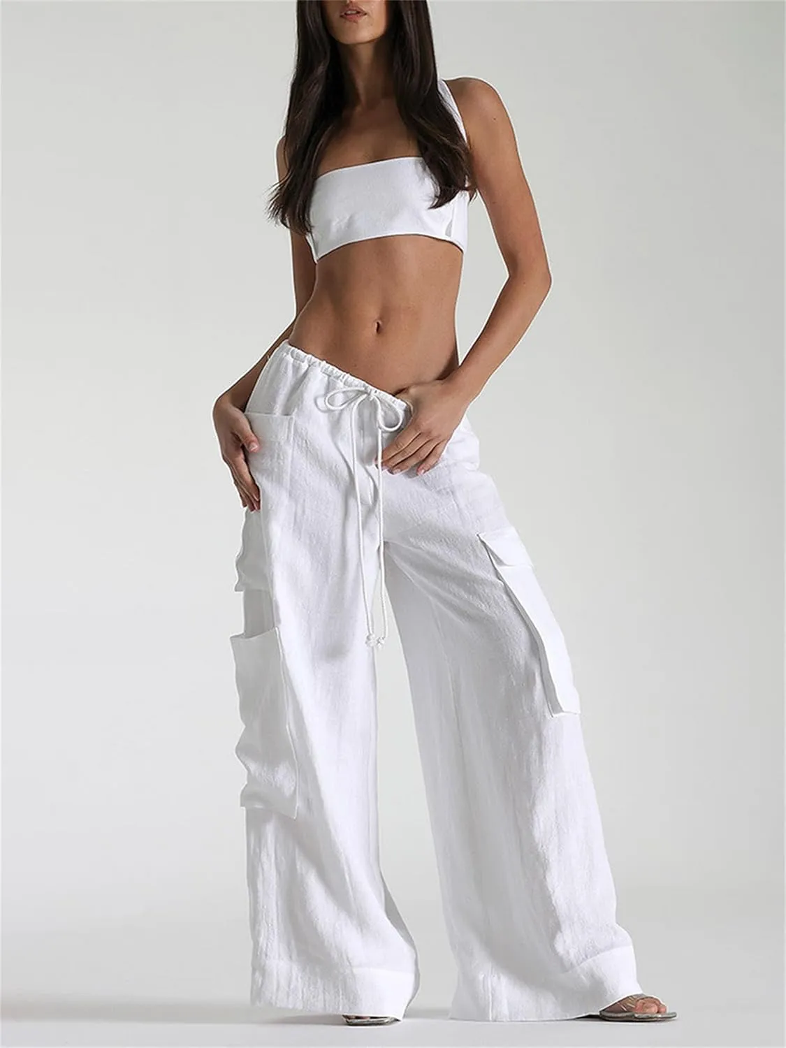 Womens Baggy Cargo Trousers Elastic Low Waist Wide Leg Baggy Pants Y2K Straight Beach Trousers with Pockets