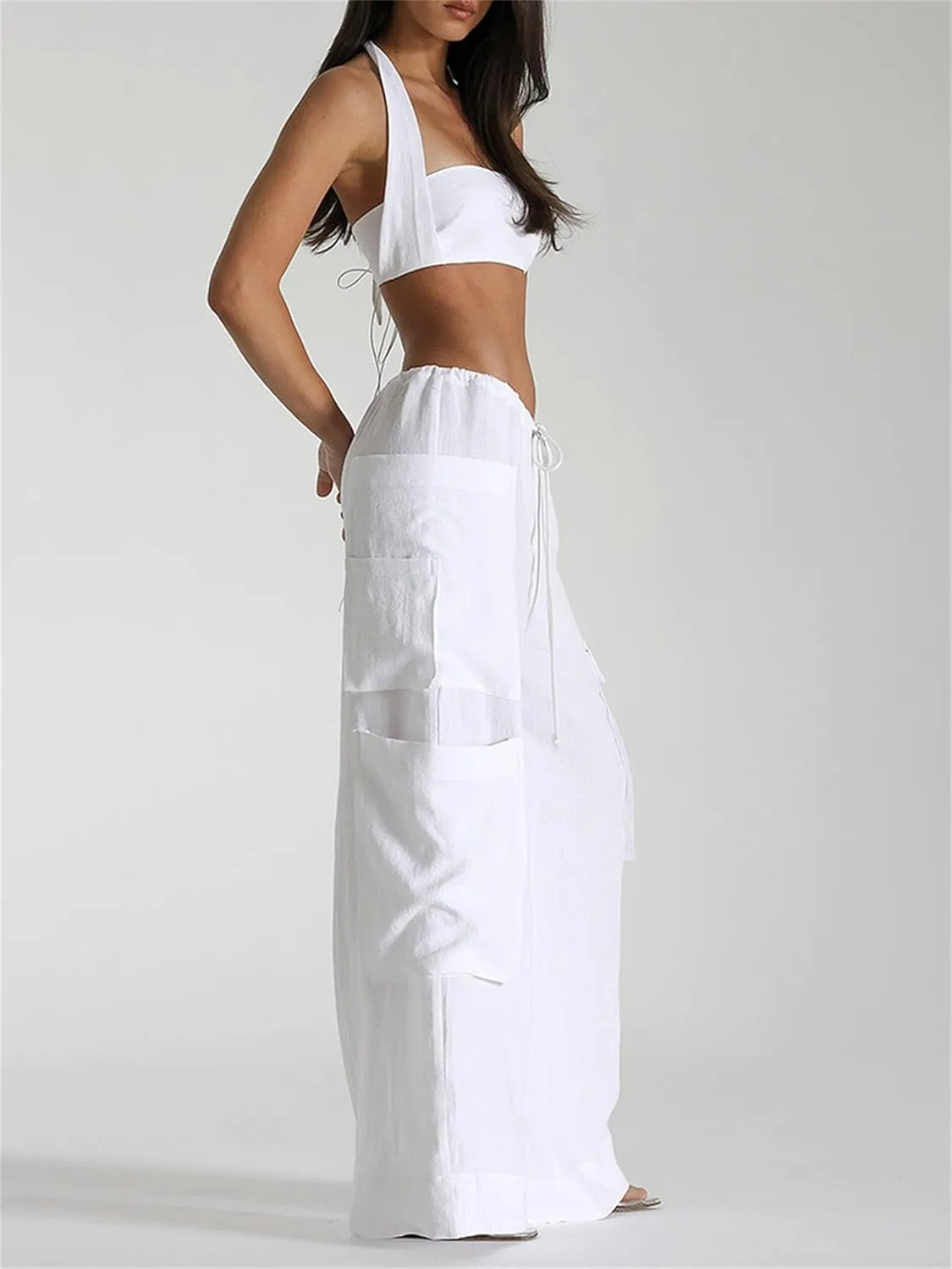 Womens Baggy Cargo Trousers Elastic Low Waist Wide Leg Baggy Pants Y2K Straight Beach Trousers with Pockets