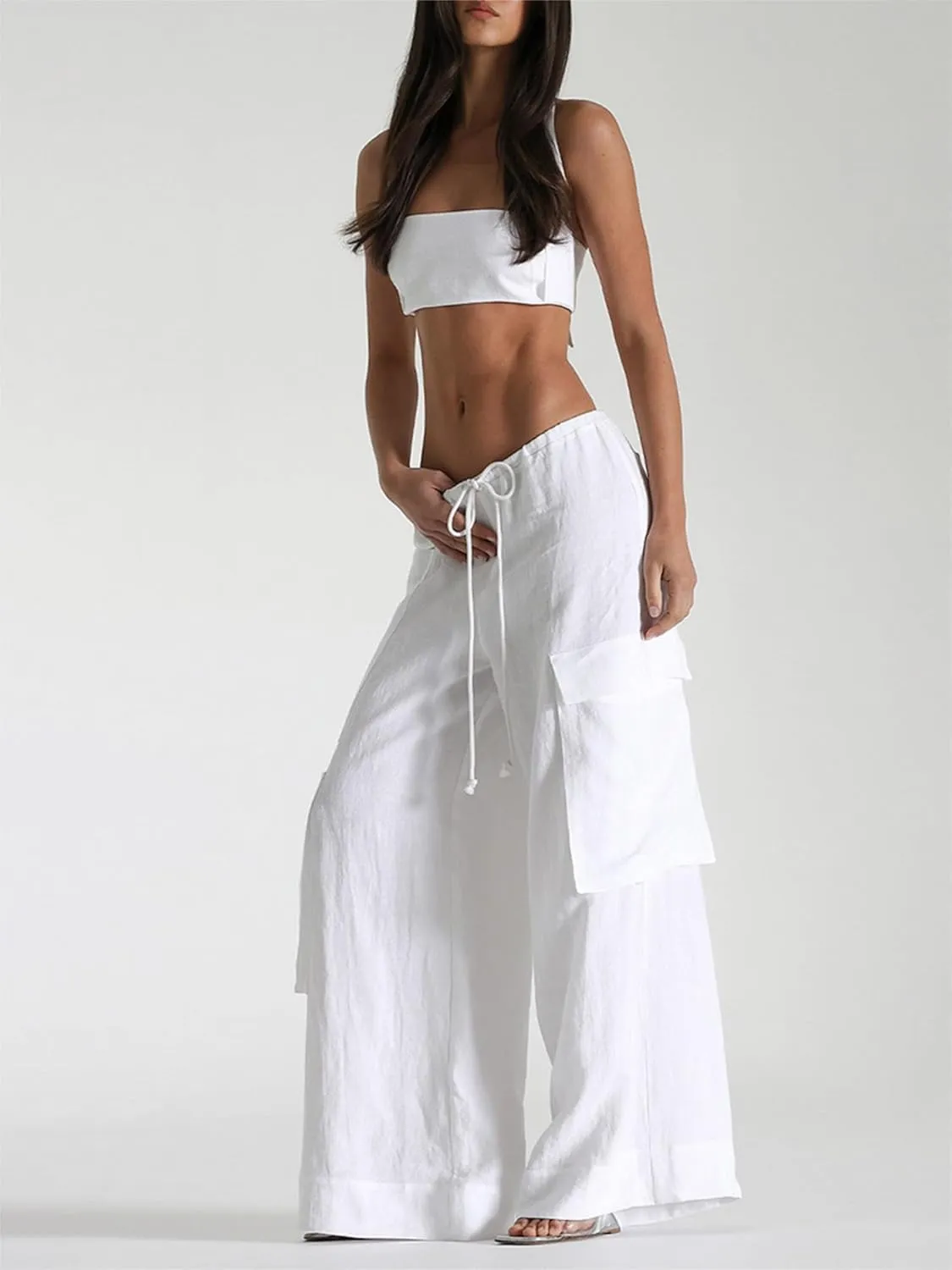 Womens Baggy Cargo Trousers Elastic Low Waist Wide Leg Baggy Pants Y2K Straight Beach Trousers with Pockets