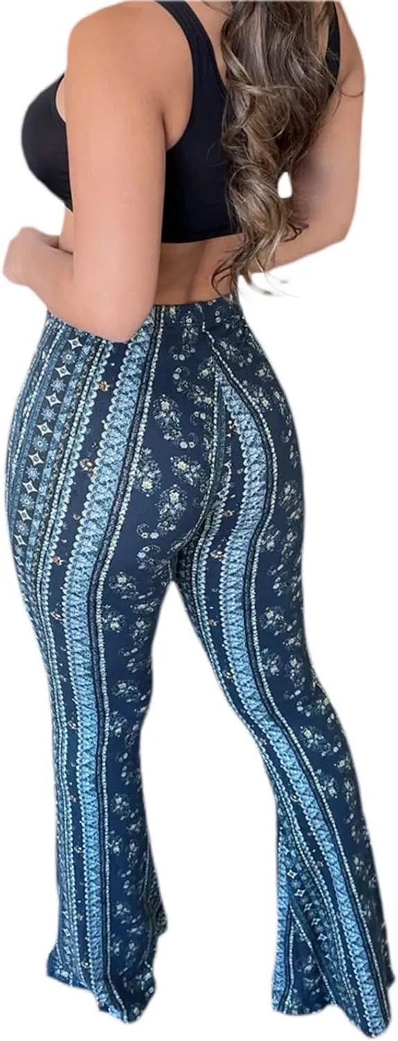 Womens Boho Flare Pants Retro Floral Print High Elastic Waist Bell Bottom Straight Wide Leg Yoga Palazzo Trousers