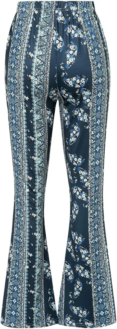 Womens Boho Flare Pants Retro Floral Print High Elastic Waist Bell Bottom Straight Wide Leg Yoga Palazzo Trousers