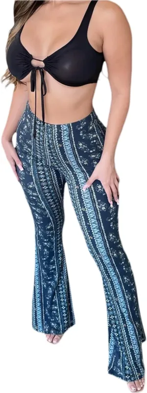 Womens Boho Flare Pants Retro Floral Print High Elastic Waist Bell Bottom Straight Wide Leg Yoga Palazzo Trousers