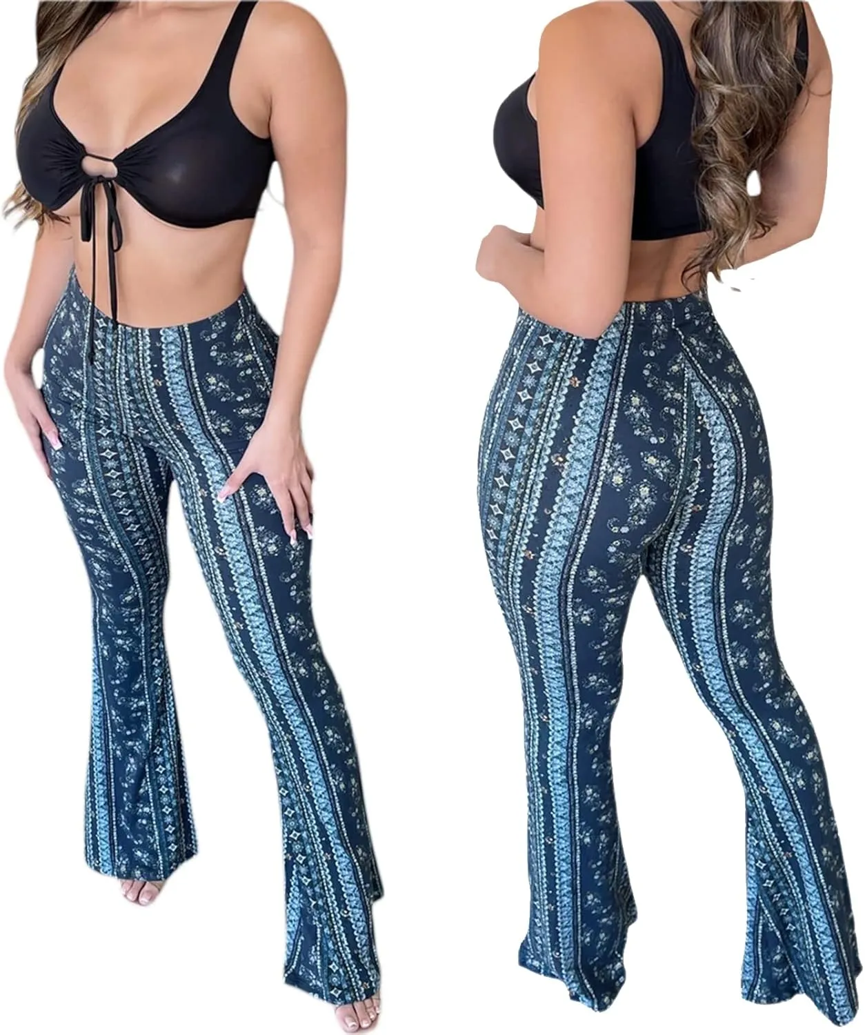 Womens Boho Flare Pants Retro Floral Print High Elastic Waist Bell Bottom Straight Wide Leg Yoga Palazzo Trousers