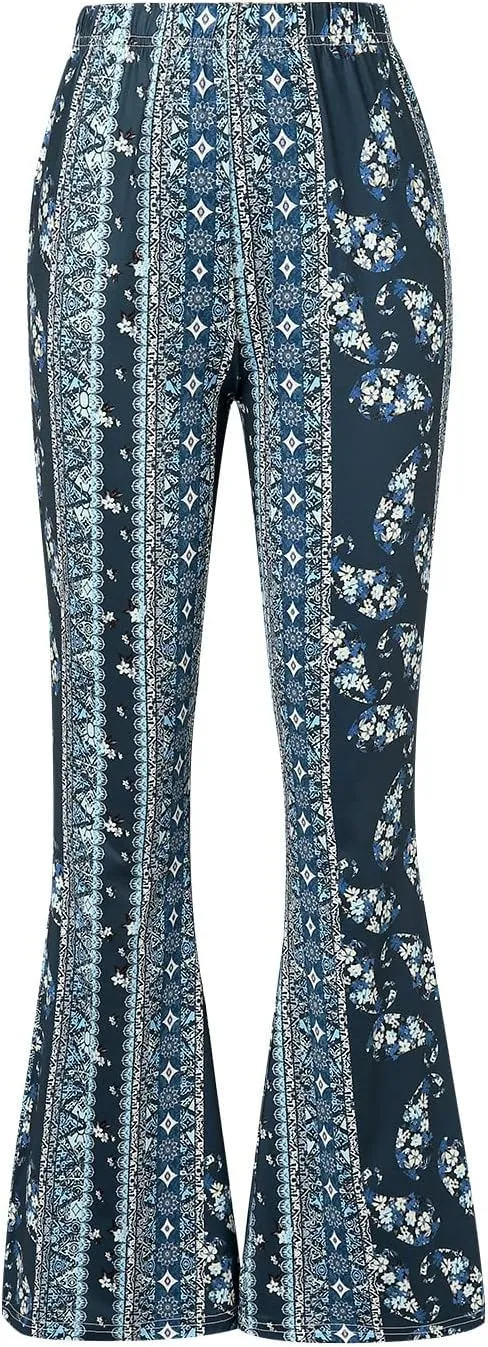 Womens Boho Flare Pants Retro Floral Print High Elastic Waist Bell Bottom Straight Wide Leg Yoga Palazzo Trousers