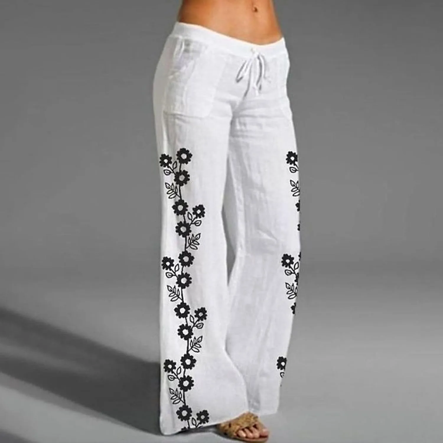 Women's Boho Floral Pants Linen Palazzo Wide Leg Lounge Pant Casual Yoga Flowy High Waist Trousers with Pockets