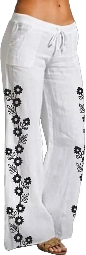 Women's Boho Floral Pants Linen Palazzo Wide Leg Lounge Pant Casual Yoga Flowy High Waist Trousers with Pockets