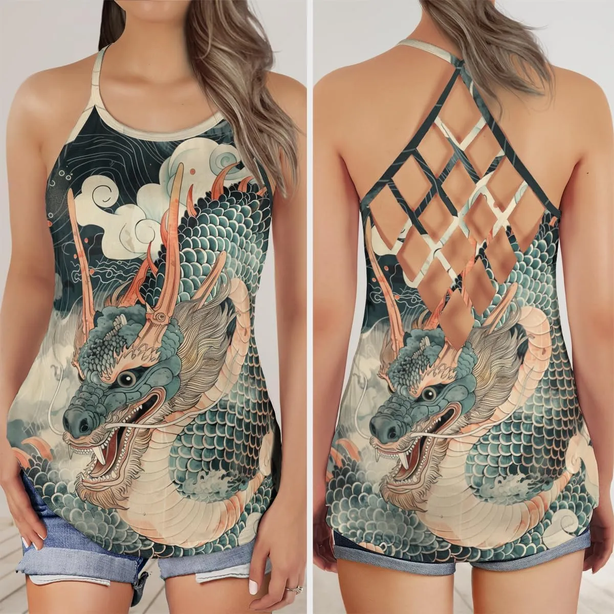 Women's Camisole Tank Tops - Chinese Dragon Spaghetti Strap Criss Cross Open Back Tank Summer Top for Women Series 14