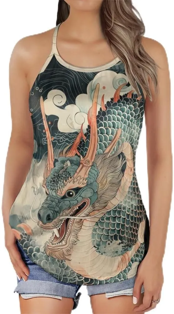 Women's Camisole Tank Tops - Chinese Dragon Spaghetti Strap Criss Cross Open Back Tank Summer Top for Women Series 14