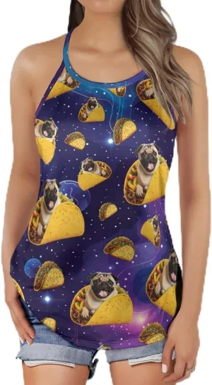 Women's Camisole Tank Tops - Dog Flying Taco Spaghetti Strap Criss Cross Open Back Tank Summer Top for Women Series 20