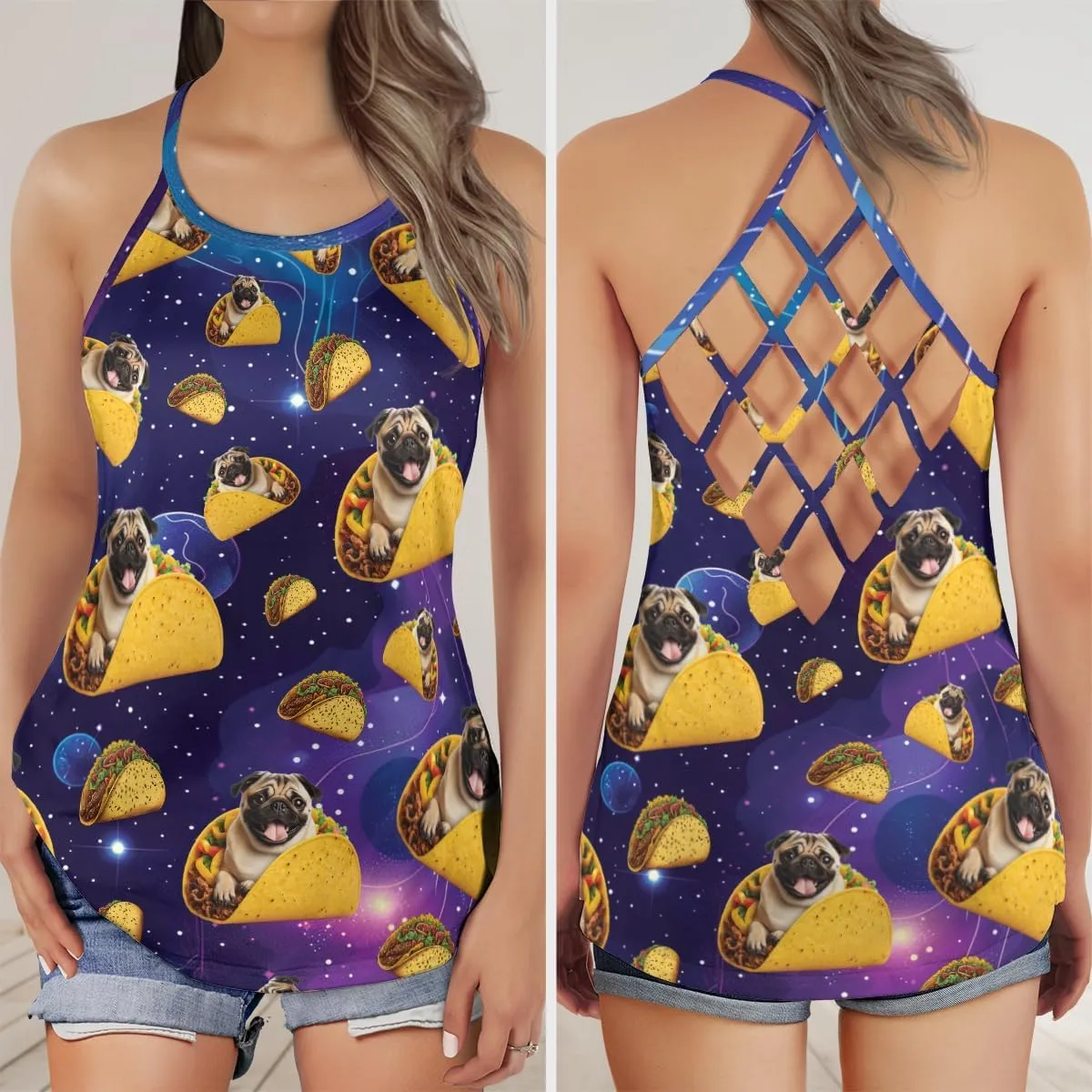 Women's Camisole Tank Tops - Dog Flying Taco Spaghetti Strap Criss Cross Open Back Tank Summer Top for Women Series 20