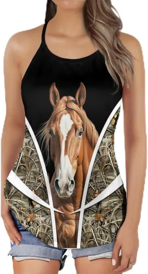 Women's Camisole Tank Tops - Vintage Horse Spaghetti Strap Criss Cross Open Back Tank Summer Top for Women Series 21