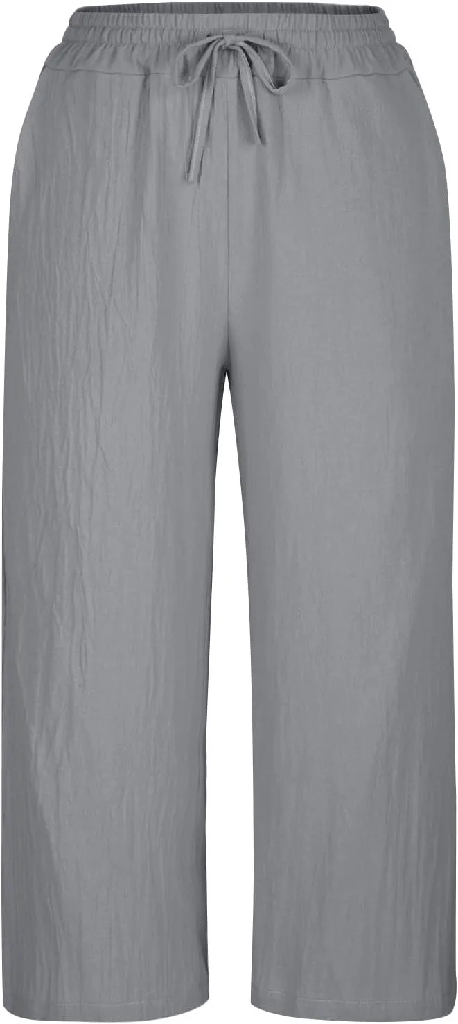 Women's Capri Linen Pants Summer Casual Drawstring Waist Wide Leg Trousers Loose Fit Palazzo Pants Beach Pants