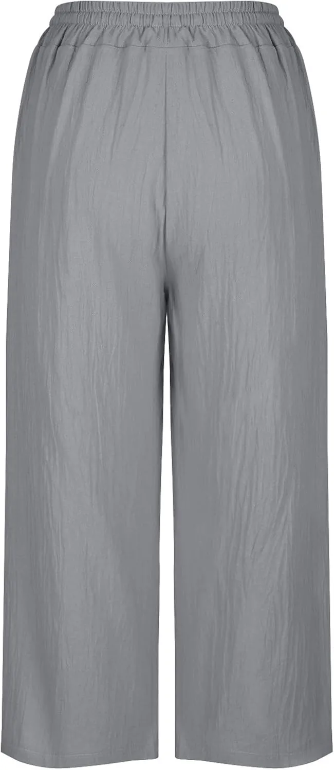 Women's Capri Linen Pants Summer Casual Drawstring Waist Wide Leg Trousers Loose Fit Palazzo Pants Beach Pants