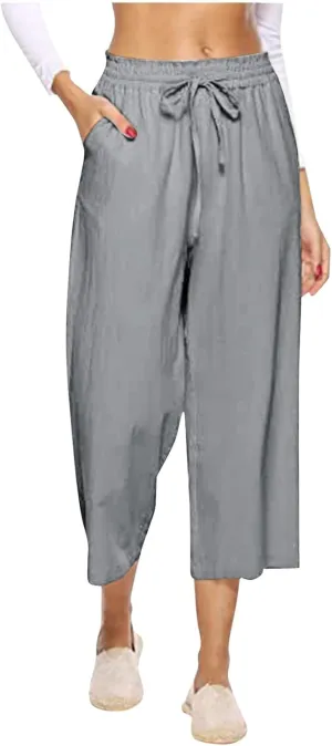 Women's Capri Linen Pants Summer Casual Drawstring Waist Wide Leg Trousers Loose Fit Palazzo Pants Beach Pants