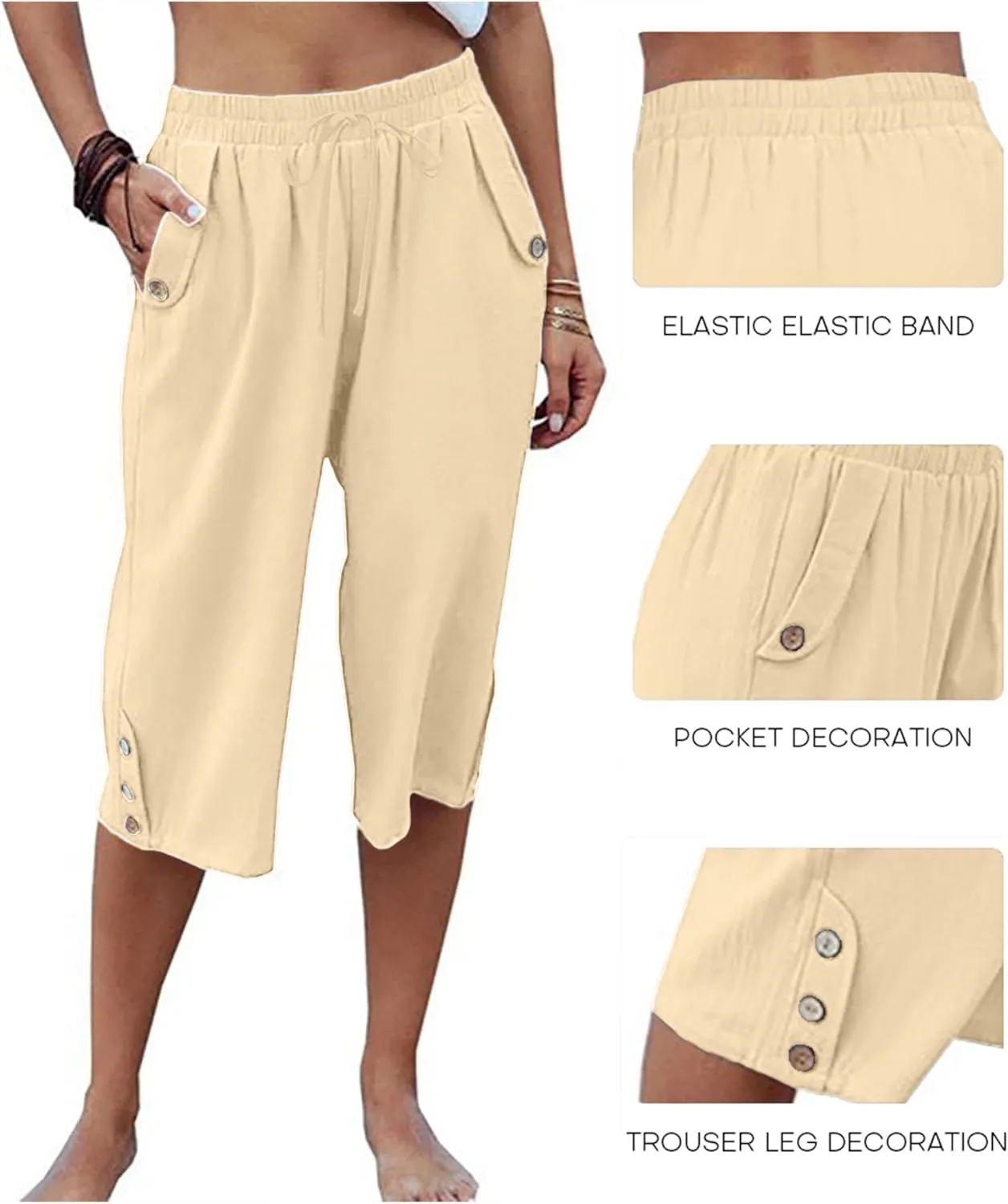 Womens Casual Capri Pants Elastic Waist Solid Color 3/4 Wide Leg Summer Trousers with Pockets
