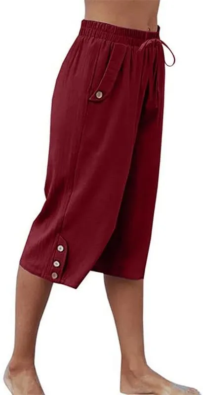 Womens Casual Capri Pants Elastic Waist Solid Color 3/4 Wide Leg Summer Trousers with Pockets