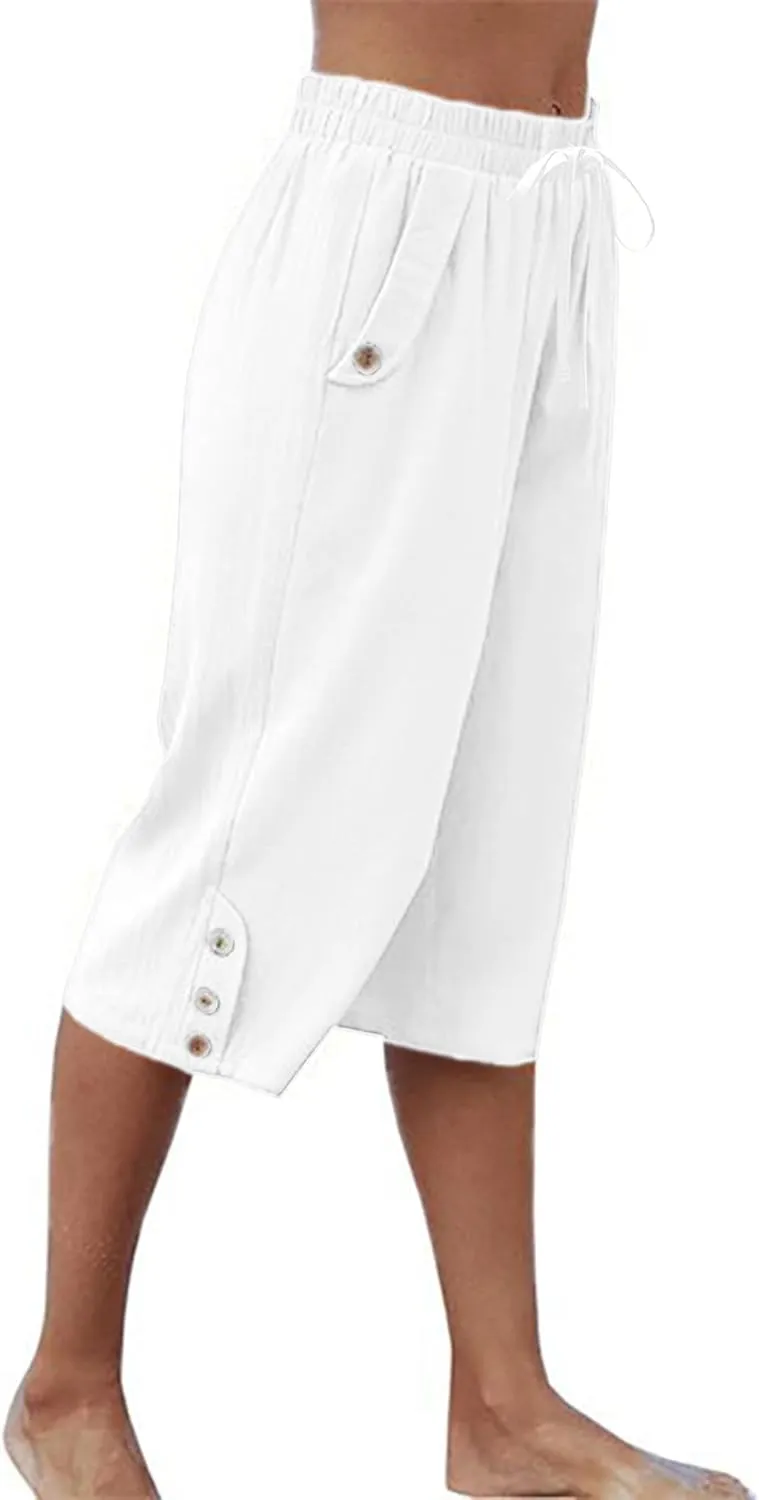 Womens Casual Capri Pants Elastic Waist Solid Color 3/4 Wide Leg Summer Trousers with Pockets