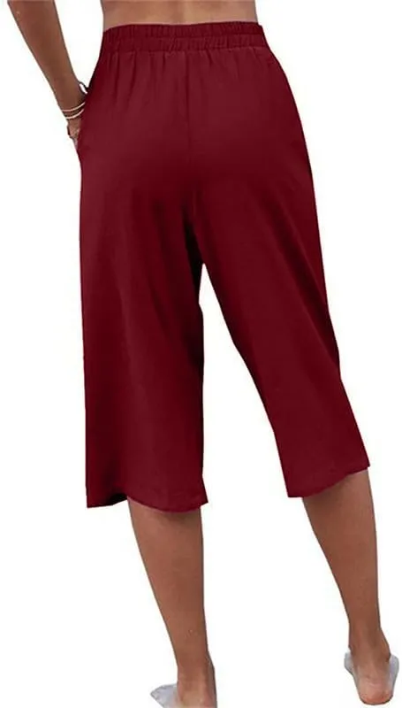 Womens Casual Capri Pants Elastic Waist Solid Color 3/4 Wide Leg Summer Trousers with Pockets