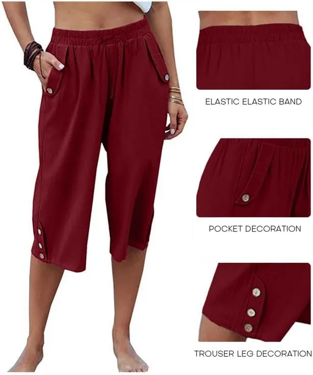 Womens Casual Capri Pants Elastic Waist Solid Color 3/4 Wide Leg Summer Trousers with Pockets