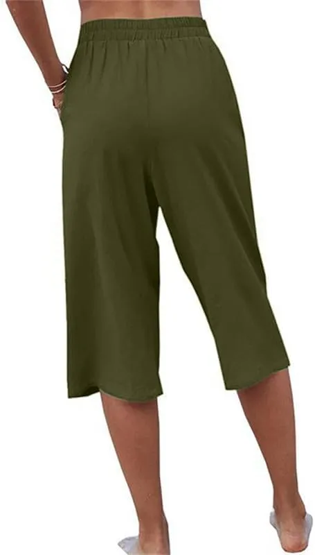 Womens Casual Capri Pants Elastic Waist Solid Color 3/4 Wide Leg Summer Trousers with Pockets