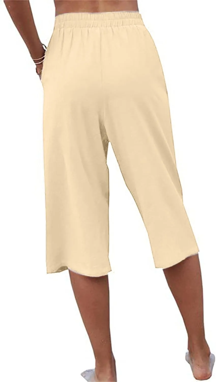 Womens Casual Capri Pants Elastic Waist Solid Color 3/4 Wide Leg Summer Trousers with Pockets
