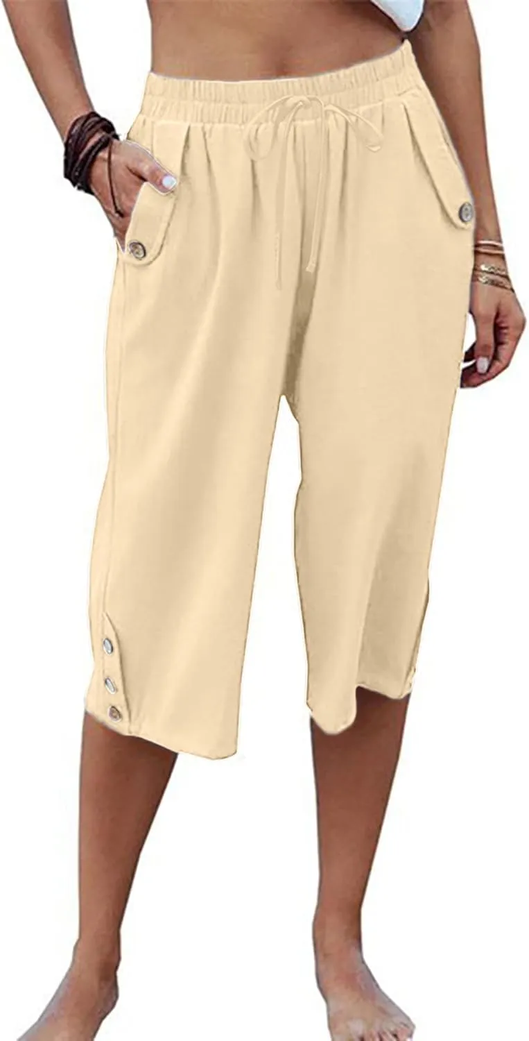 Womens Casual Capri Pants Elastic Waist Solid Color 3/4 Wide Leg Summer Trousers with Pockets
