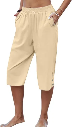 Womens Casual Capri Pants Elastic Waist Solid Color 3/4 Wide Leg Summer Trousers with Pockets