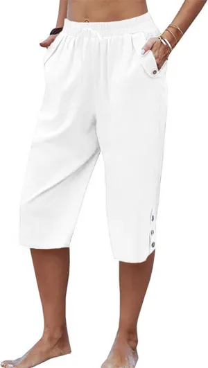 Womens Casual Capri Pants Elastic Waist Solid Color 3/4 Wide Leg Summer Trousers with Pockets