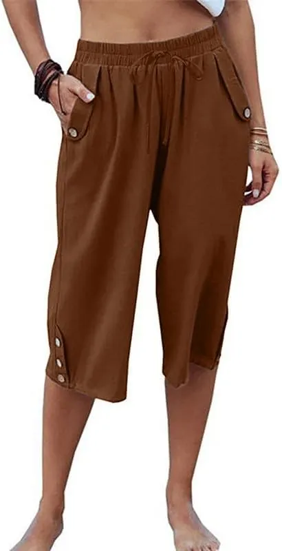 Womens Casual Capri Pants Elastic Waist Solid Color 3/4 Wide Leg Summer Trousers with Pockets