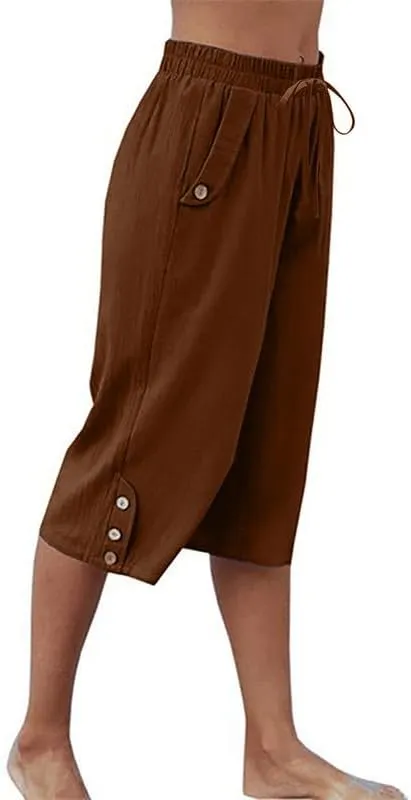 Womens Casual Capri Pants Elastic Waist Solid Color 3/4 Wide Leg Summer Trousers with Pockets