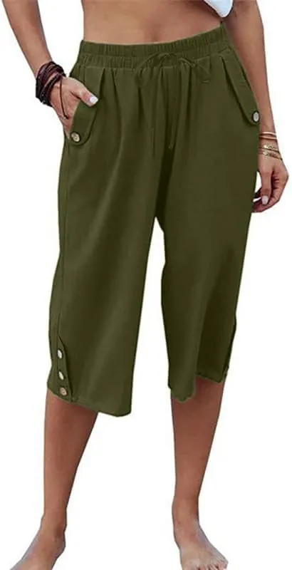 Womens Casual Capri Pants Elastic Waist Solid Color 3/4 Wide Leg Summer Trousers with Pockets