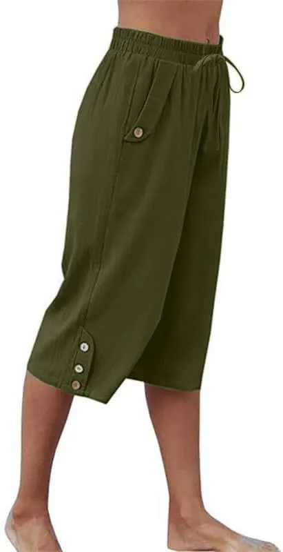 Womens Casual Capri Pants Elastic Waist Solid Color 3/4 Wide Leg Summer Trousers with Pockets