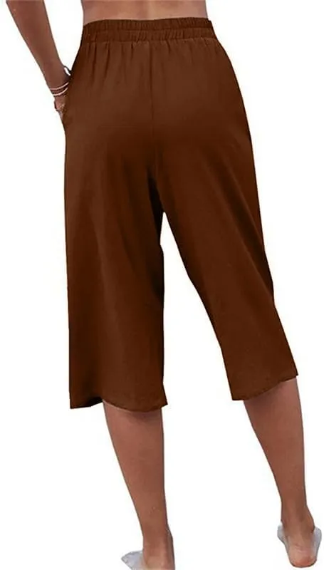 Womens Casual Capri Pants Elastic Waist Solid Color 3/4 Wide Leg Summer Trousers with Pockets