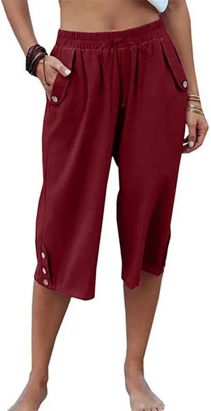 Womens Casual Capri Pants Elastic Waist Solid Color 3/4 Wide Leg Summer Trousers with Pockets