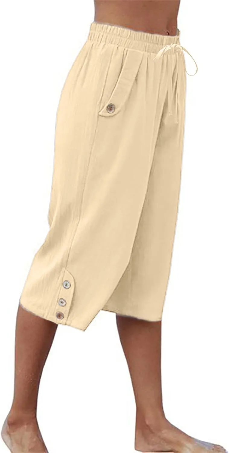 Womens Casual Capri Pants Elastic Waist Solid Color 3/4 Wide Leg Summer Trousers with Pockets
