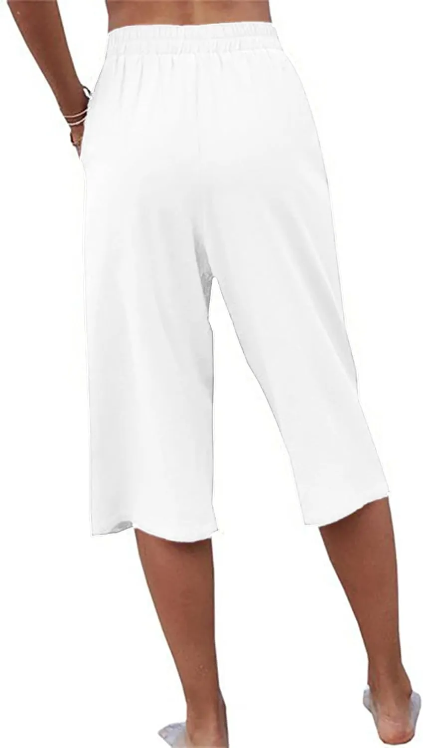 Womens Casual Capri Pants Elastic Waist Solid Color 3/4 Wide Leg Summer Trousers with Pockets