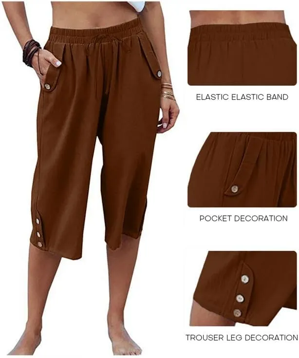 Womens Casual Capri Pants Elastic Waist Solid Color 3/4 Wide Leg Summer Trousers with Pockets
