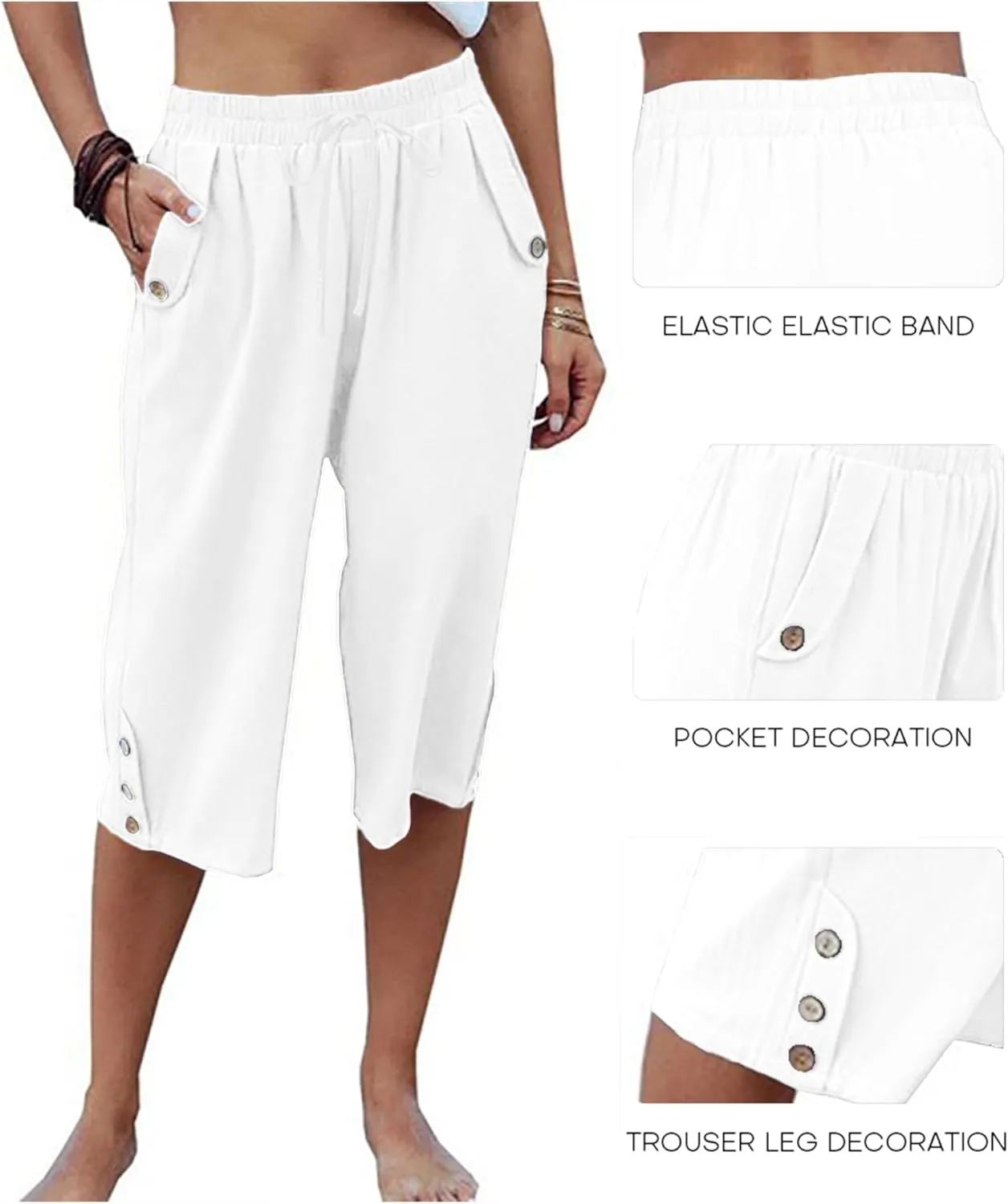 Womens Casual Capri Pants Elastic Waist Solid Color 3/4 Wide Leg Summer Trousers with Pockets