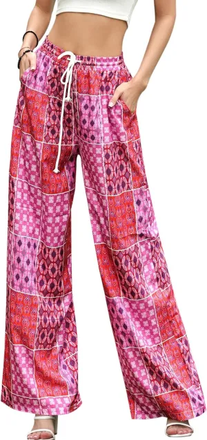 Women's Casual High Waist Wide Leg Pants Summer Floral Beach Long Lounge Pants with Pockets