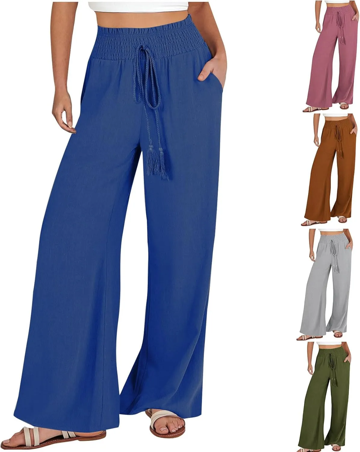 Womens Casual Palazzo Pants Loose Wide Leg Beach Trousers High Waisted Elastic Lightweight Summer Outfit with Pockets