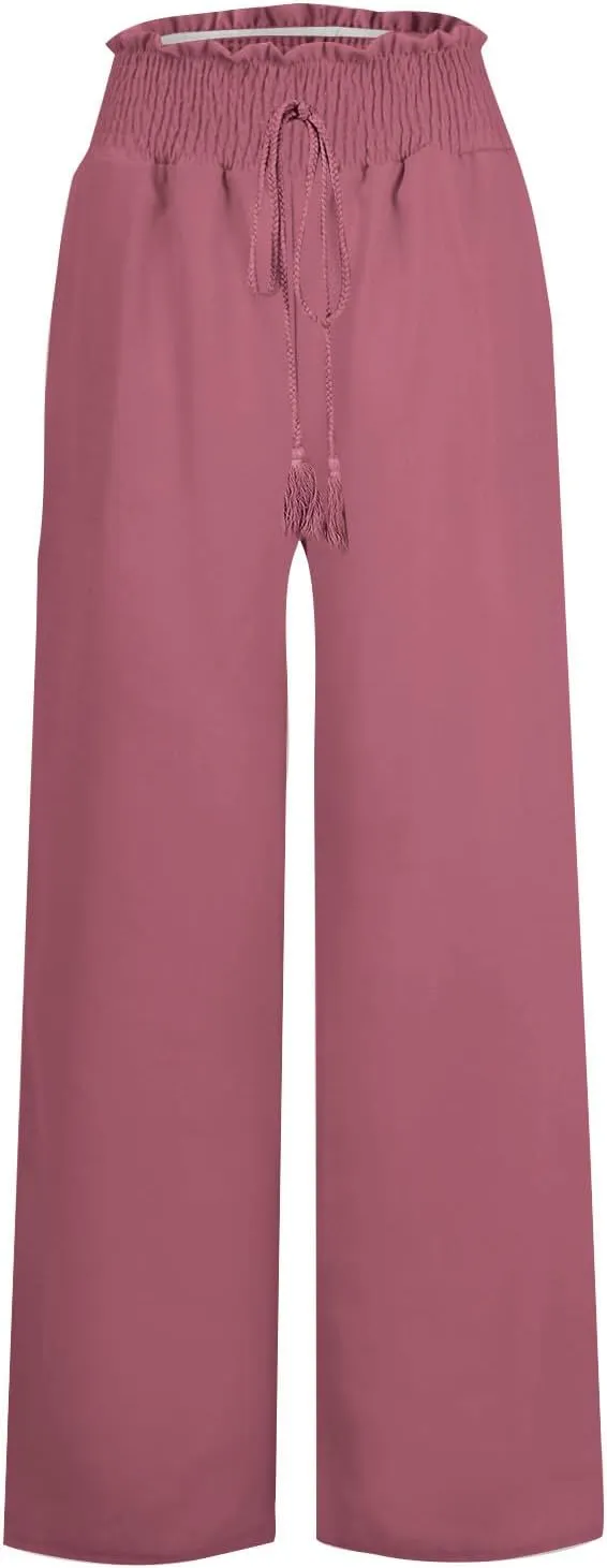 Womens Casual Palazzo Pants Loose Wide Leg Beach Trousers High Waisted Elastic Lightweight Summer Outfit with Pockets