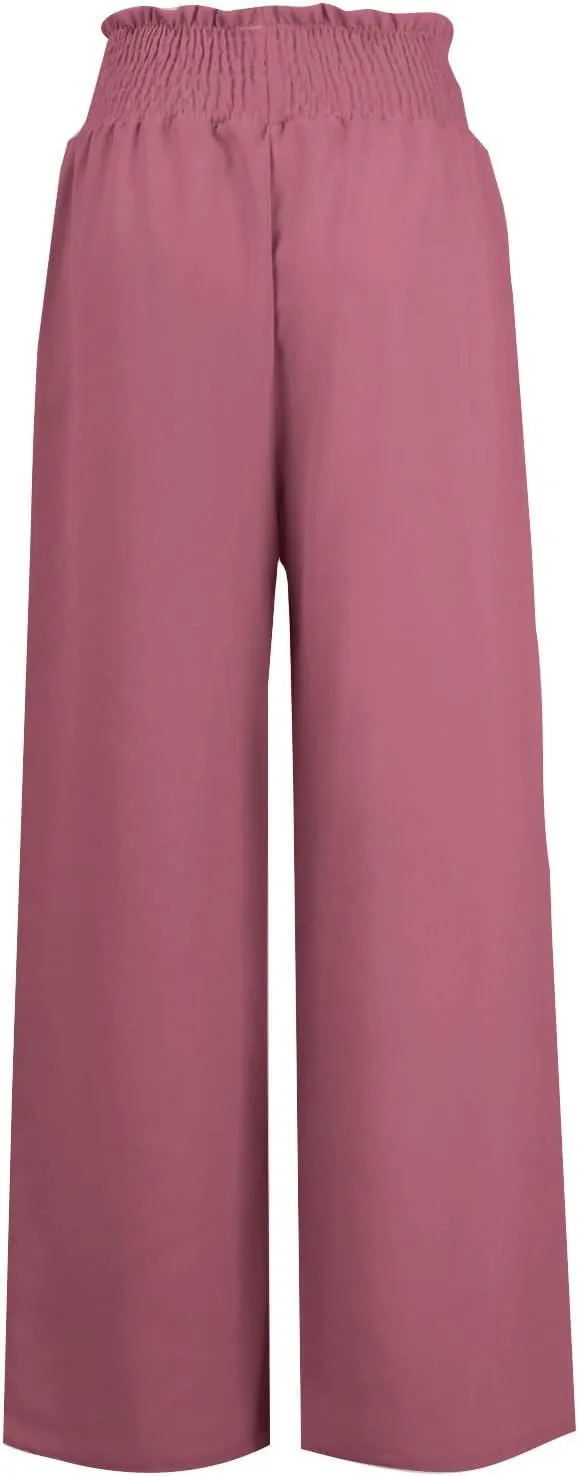 Womens Casual Palazzo Pants Loose Wide Leg Beach Trousers High Waisted Elastic Lightweight Summer Outfit with Pockets