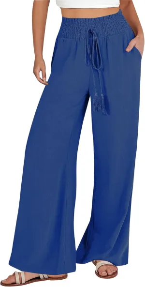 Womens Casual Palazzo Pants Loose Wide Leg Beach Trousers High Waisted Elastic Lightweight Summer Outfit with Pockets