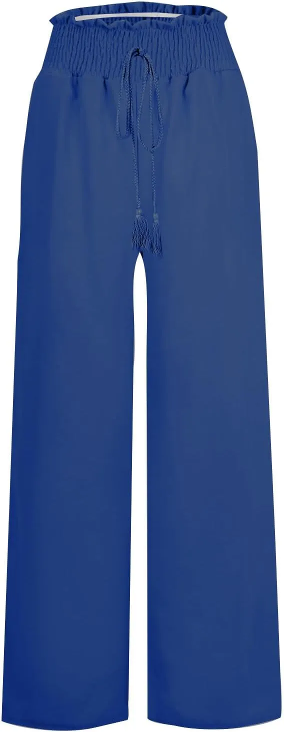 Womens Casual Palazzo Pants Loose Wide Leg Beach Trousers High Waisted Elastic Lightweight Summer Outfit with Pockets