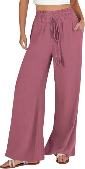 Womens Casual Palazzo Pants Loose Wide Leg Beach Trousers High Waisted Elastic Lightweight Summer Outfit with Pockets