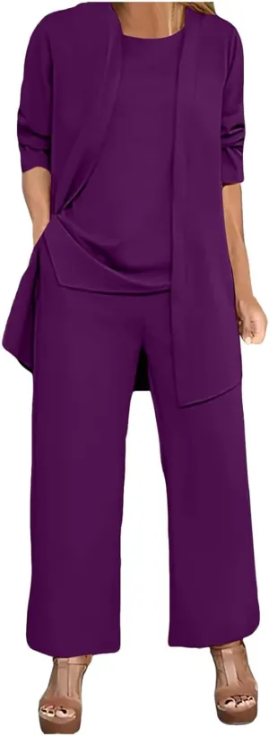 Womens Chiffon 3 Piece Outfit Sets Solid Formal Wide Leg Pant Suits Dressy Wedding Guest Pantsuits