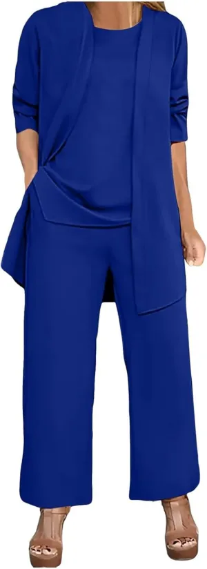 Womens Chiffon 3 Piece Outfit Sets Solid Formal Wide Leg Pant Suits Dressy Wedding Guest Pantsuits